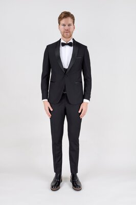 Erkek Slim Fit Damatlık Smokin Şal Yaka Siyah Yelekli Takım Elbise ürün fotoğrafı