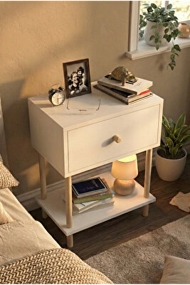 Düşer Kapaklı Raflı Modern Komodin Yatak Odası Başucu Düzenleyici Ahşap Ayaklı Yan Sehpa - Beyaz ürün fotoğrafı