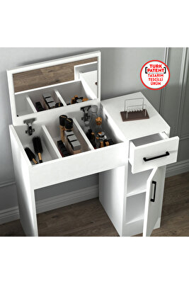 İnci Beyaz Aynalı Makyaj Masası – Çekmeceli, Dolaplı & Şık Tasarım ürün fotoğrafı