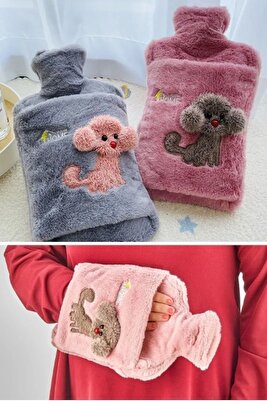 Peluş Kılıflı Köpek Emojili Sıcak Su Torbası 2 lt Cepli El Geçmeli Sıcak Su Torbası El Isıtıcı ürün fotoğrafı