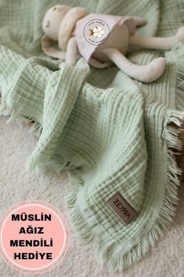 % 100 Pamuk 4 Katlı Müslin Örtü Suyeşil 110x110 cm (Bebek &amp; Çocuk İçin) Püsküllü Hastane Çıkışı ürün fotoğrafı