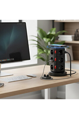 Termal Akım Korumalı Isıya Dayanıklı 3 Usb 12 Priz Ve Wireless Kablosuz Şarj 2.4 Amper Kablolu Priz ürün fotoğrafı
