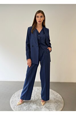 Premium Kadın Çizgili Ceket Yelek Pantolon 3’lü Takım – Modern Ofis Şıklığı ürün fotoğrafı
