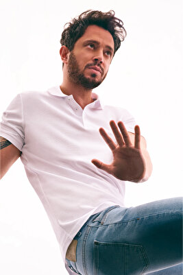 Erkek Beyaz Basic Pamuklu Polo Yaka T-shirt E001004 ürün fotoğrafı