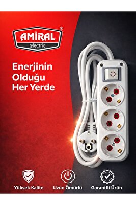 3'lü (1.SINIF) Anahtarlı Topraklı Ara Kablosu Grup Priz 5 Metre Kablolu Üçyol ürün fotoğrafı