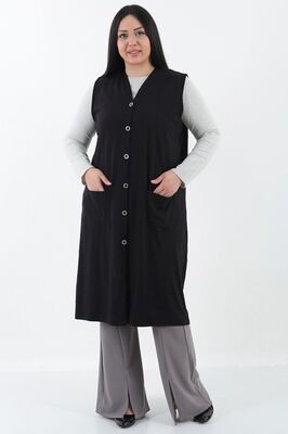 Büyük Beden Önden Cepli Düğmeli Uzun Yelek ürün fotoğrafı