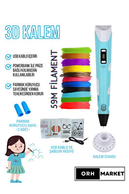 Mavi 3d Kalem 3d Pen Yazıcı Kalem – Çok Renkli PLA Filament (TOPLAM 59M) + Usb Kablo ürün fotoğrafı
