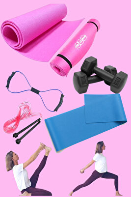 7mm Pilates Minderi Direnç Pilates Lastiği Ve 1 Kg Çiftli Dumbell Sekizgen Lastik Ve Atlama Ipi Seti ürün fotoğrafı