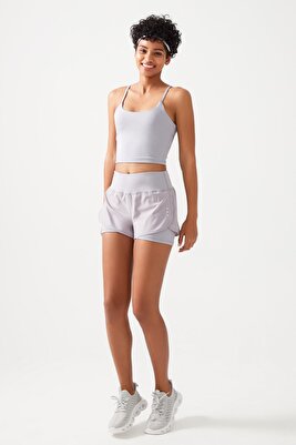 Kadın Gri 2 Katmanlı Spor Şort - Şortlu Tayt 2in1 ürün fotoğrafı