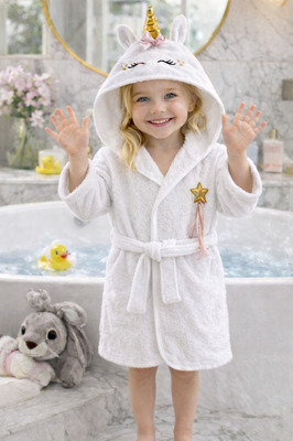 Kapşonlu Çocuk Bornoz Kız Bornozu Unicorn Kostüm Hayvan Beyaz ürün fotoğrafı