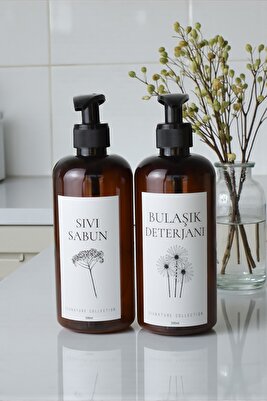 Çiçekli 2li Bulaşık Deterjanı Ve Sıvı Sabun Etiketli Amber Plastik Şişe 500 ml ürün fotoğrafı