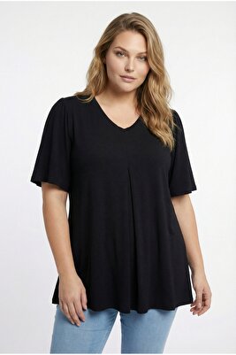 Büyük Beden V Yaka Desensiz Asimetrik Kesim Likralı Bluz 320315 ürün fotoğrafı