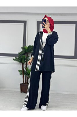 Çubuklu Kapüşon Detaylı Tesettür Takım Siyah ürün fotoğrafı