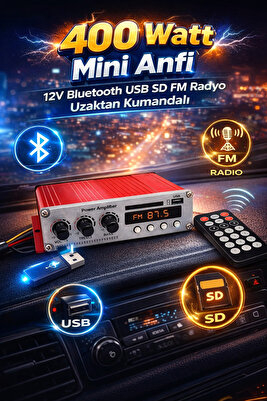 Mini Anfi 400 Watt 12V Bluetooth USB SD FM Radyo Uzaktan Kumandalı ürün fotoğrafı