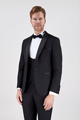 Erkek Slim Fit Damatlık Smokin Şal Yaka Siyah Yelekli Takım Elbise ürün fotoğrafı