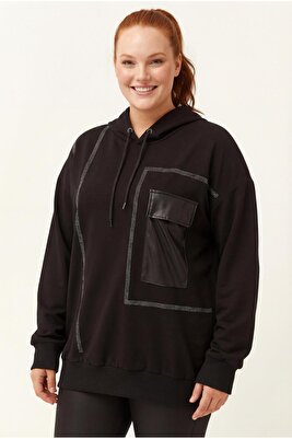 Kadın Büyük Beden Deri Cep Detaylı Taş İşlemeli Siyah Sweatshirt ürün fotoğrafı