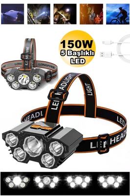 150w Ultra Güçlü Led Şarjlı 5 Led Kafa Feneri Avcı Feneri Balıkçı Kamp Feneri 5başlık Fju Kafa ürün fotoğrafı