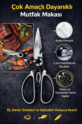 Paslanmaz Çelik Ultra Keskinleştirilmiş Mutfak Makası Çok Amaçlı Balık Et Sebze Makası ürün fotoğrafı