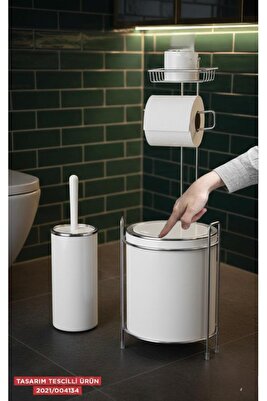 Krom Yedekli Wc Kağıtlık - Yuvarlak Beyaz Çöp Kovası Ve Wc Fırça Seti ürün fotoğrafı