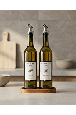 Ahşap Stantlı Amber 2 Li 750 ml Zeytinyağı Ayçiçek Yağı Şişesi Yağdanlık Yağlık Cam Şişe ürün fotoğrafı