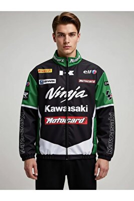 Ninja Kawasaki Unisex Paraşüt Kumaş Oversize Baskılı Siyah Rüzgarlık Yağmurluk İnce Ceket ürün fotoğrafı