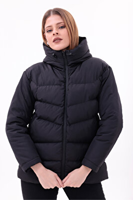 Kadın Kapüşonlu Astarlı Su Geçirmez Rüzgara Dayanıklı Şişme Siyah Mont Kaban Parka ürün fotoğrafı