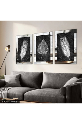 Çiçek Yaprak Gümüş 3 Parça Pleksi Aynalı Tablo ürün fotoğrafı