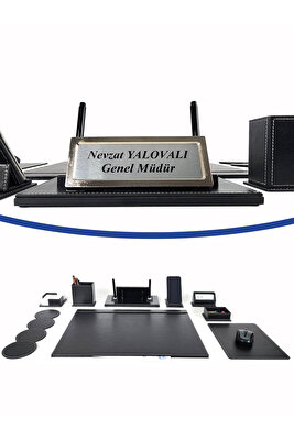 Pr409 Krom Renk Isimlikli Çift Kalemli Siyah Deri Sümen Takımı Masa isimliği Yeni İş ofis Hediyesi ürün fotoğrafı