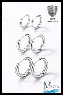 316L Çelik Set Halka Küpe | Gümüş Renk | 6 Adet 3 Farklı Boy | ANTİALERJİK ürün fotoğrafı