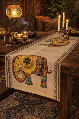 Etnik Hint Işlemeli Fil Desenli Kaliteli Kadife Kumaş 45x140 Cm Dekoratif - Hediyelik Runner ürün fotoğrafı
