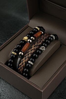 Erkek Deri Ve Doğaltaş Kombin Bileklik Seti 3 Adet ürün fotoğrafı