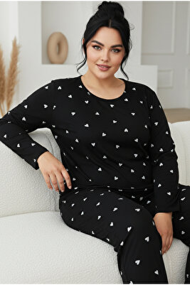 Siyah Kalp Desenli Curve Büyük Beden Battal Boy Pamuklu Pijama Takımı ürün fotoğrafı