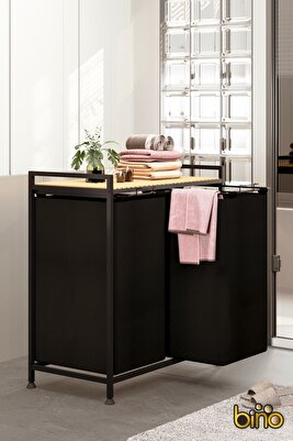 Çamaşır Sepeti Kirli Sepeti Ahşap Banyo Dolabı Büyük Boy Geniş 2 Bölmeli Kumaş Kirli Sepeti ürün fotoğrafı