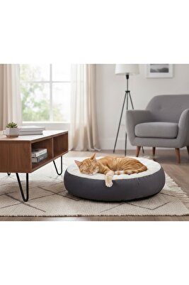 Çift Renk Simit Kedi Yatağı, Küçük Irk Köpek Yatağı, 55 Cm ürün fotoğrafı