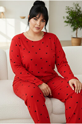 Kırmızı Curve Büyük Beden Battal Boy Pamuklu Pijama Takımı ürün fotoğrafı