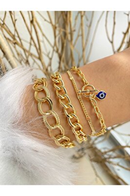 Kadın 4 Lü Kombin Prinç Renk Atmaz Bileklik Seti ürün fotoğrafı