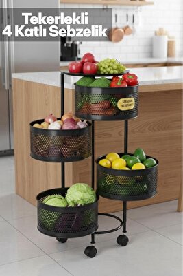 4 Katlı Yana Açılır Siyah Tekerlekli Patates Soğan Sepeti Sebze Meyve Sepeti Sebzelik ürün fotoğrafı