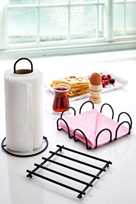 3'lü Siyah Nihale Peçetelik Havluluk Seti Black Rengi Paslanmaz Çelik Mutfak Servis Sunum Takımı ürün fotoğrafı