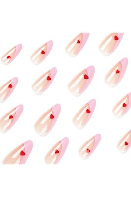 Pembe Kırmızı Kalpli 24’lü Takma Tırnak Seti &amp;amp; Zararsız Yapıştırıcı ürün fotoğrafı