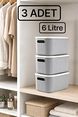 3 Adet Storage 6lt Gri Çok Amaçlı Dolap Içi Düzenleyici Kapaklı Kutu, Dekoratif Saklama Kutusu ürün fotoğrafı