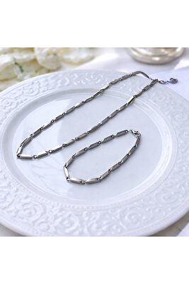 Erkek Çelik Kolye Ve Bileklik Seti Küp Üçgen Model Zincir ürün fotoğrafı