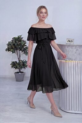 Madonna Fırfır Yaka Siyah Büyük Beden Şifon Elbise ürün fotoğrafı