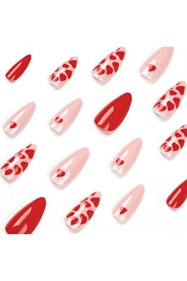 Kırmızı Pembe Kalpli 24’lü Takma Tırnak Seti &amp;amp; Zararsız Yapıştırıcı ürün fotoğrafı