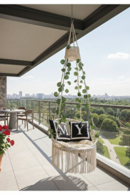 Makrome Özel Örgü Salıncak Hamak Pamuk Ip Retro Tek Kişilik Ekru ürün fotoğrafı