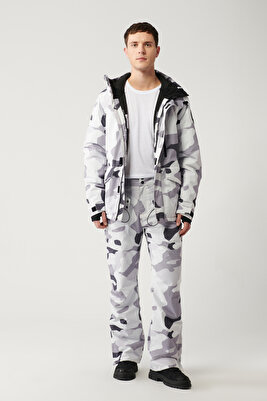 Erkek Beyaz-Gri Baskılı Paçası Çıtçıtlı Su İtici Kumaşlı Kayak Pantolonu A32Y3098 ürün fotoğrafı