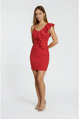 Ampelia Tek Taraf Volanlı Kısa Abiye Elbise KIRMIZI ürün fotoğrafı