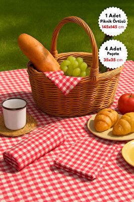 Pötikareli Masa Örtüsü, Peçete Piknik Seti 5 Parça, Kırmızı ürün fotoğrafı