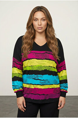 Büyük Beden V Yaka Çizgili Yanları Yırtmaçlı Uzun Kollu Bluz 302014 ürün fotoğrafı