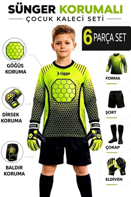 Çocuk Kaleci Eldiveni Göğüs Sünger Destekli Çocuk Higuita Kaleci Forma Şort Çorap Takımı ürün fotoğrafı