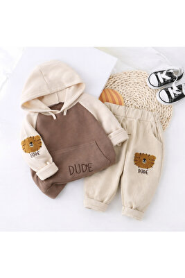 Dude Desenli Kapşonlu Bebek Alt Üst Takım ürün fotoğrafı